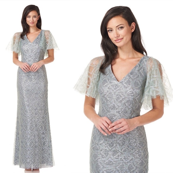 JS Collections || Sequin Lace Cape Gown Sage Blue Green 6 NWT - Picture 1 of 11